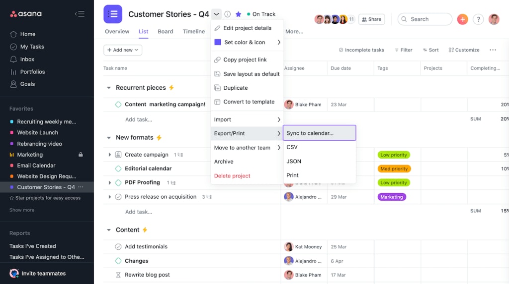 Export Option in Asana